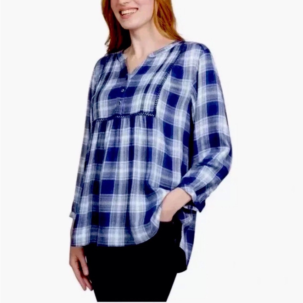 Wrangler Blue Plaid Blouse L 3/4 Sleeve Peasant Lace Coastal Cowgirl Western Top